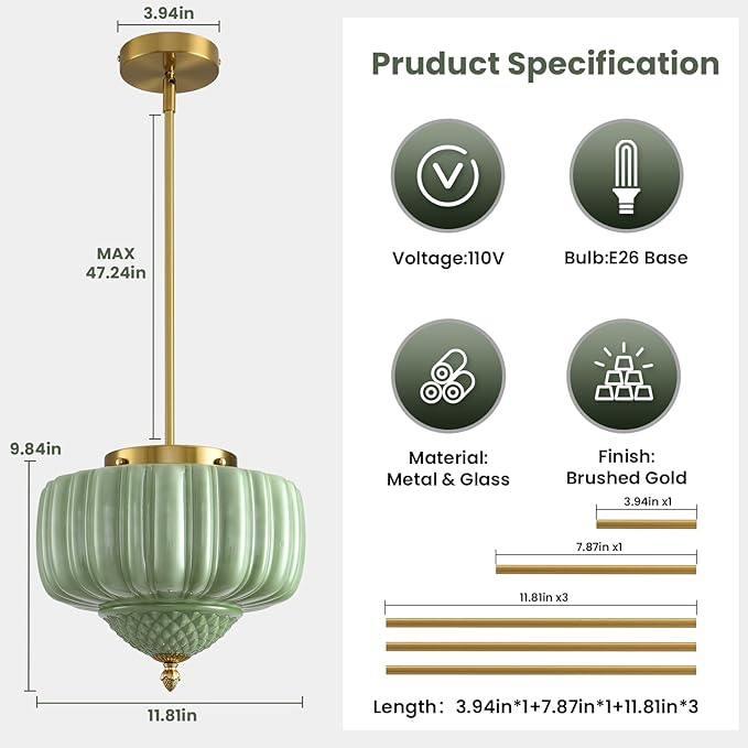 Green Glass Pendant Light, 11.8 inch Pendant Light Fixture with Floral lampshade, Height Adjustable Brushed Gold Vintage Hanging Lamp for Dining Room Kitchen Island Bedroom Living Room Entryway