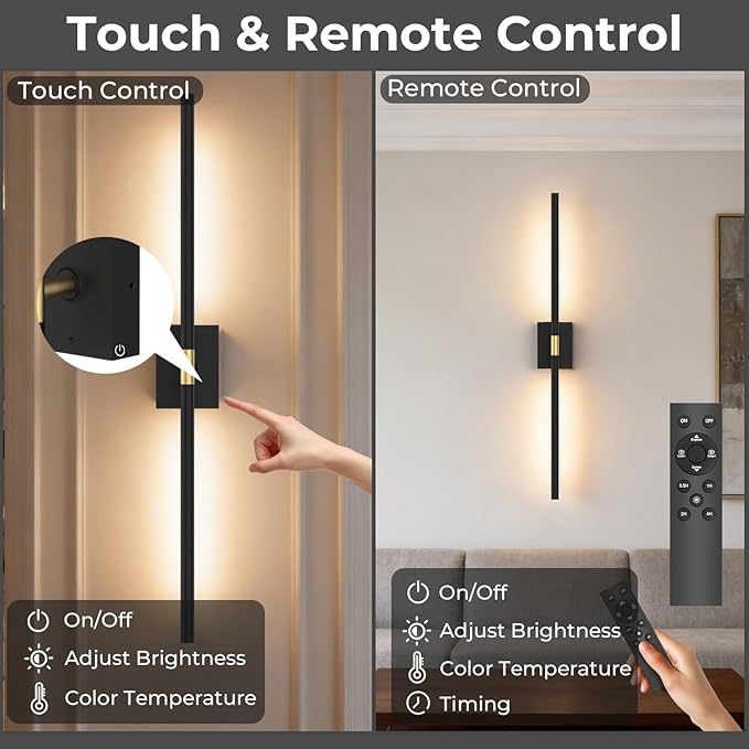 Battery Operated Wall Sconce Set of Two - 10000mAh Cordless Rechargeable Wall Sconces with Remote & Touch Control, 360°Rotate, 4CCT Dimmable Black Wall Lights for Bedroom Living Room, 31.5 inch