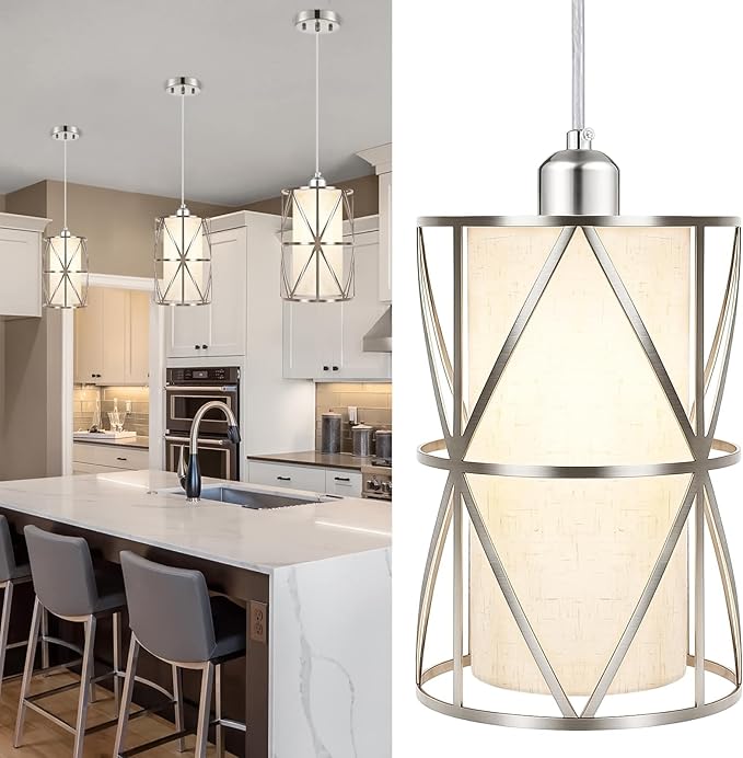 Modern Pendant Lights Kitchen Island - Adjustable Height Brushed Nickel Kitchen Pendant Lights with Linen Shade, UL Certified Pendant Lighting for Dining Room, Entryway