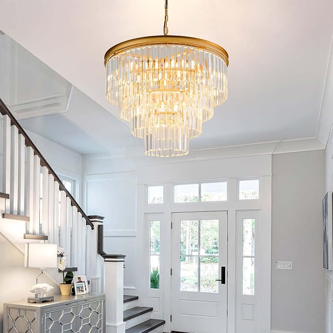 Gold Crystal Chandelier 22.9" 10-Lights Modern Crystal Pendant Lights 4-Tier Luxury K9 Hanging Dining Room Lighting Fixture for Living Room Bedroom Kitchen Island Entryway Stairway Office