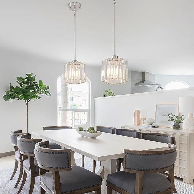 XSDeTu Brushed Nickel Pendant Light Fixtures, Modern Crystal Hanging Ceiling Light, 1-Light Mini Farmhouse Chandelier, Adjustable Hexagonal Island Lights for Kitchen, Dining Room, Bedroom, 2 Pcs