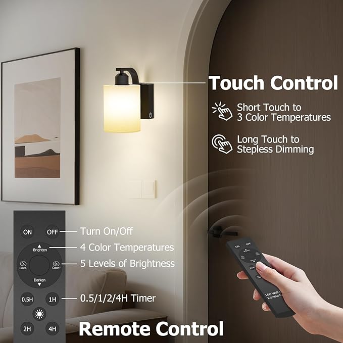 iThird Wall Sconce Battery Operated Set of 2, 6000mAh Rechargeable Wall Lights with Touch Control and Remote Control, Wireless Wall Lamps for Bedroom, Black Sconces Wall Decor for Living Room Hallway