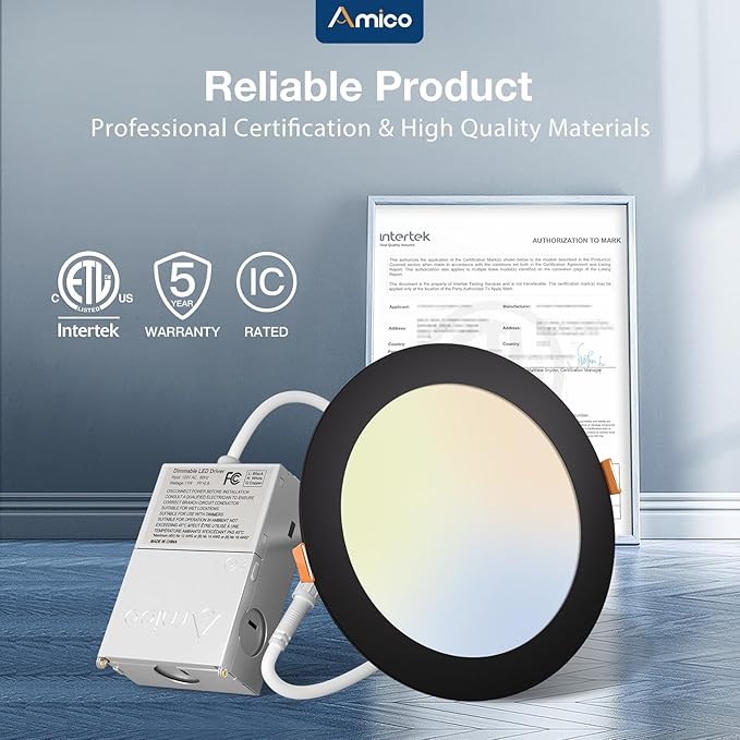 Amico 6 Pack 6 Inch 5CCT Ultra-Thin LED Recessed Ceiling Light with Junction Box, 2700K/3000K/3500K/4000K/5000K Selectable, 12W Eqv 110W, Dimmable Canless Downlight, 1050LM High Brightness,Black