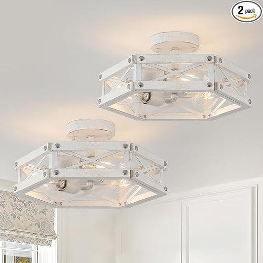 2 Pack 3-Light Modern Farmhouse Wood Flush Mount Ceiling Light Fixture Rustic Distressed Wood and Metal Cage Semi Flush Mount Ceiling Light for Hallway Entry Bedroom Farmhouse, Antique White