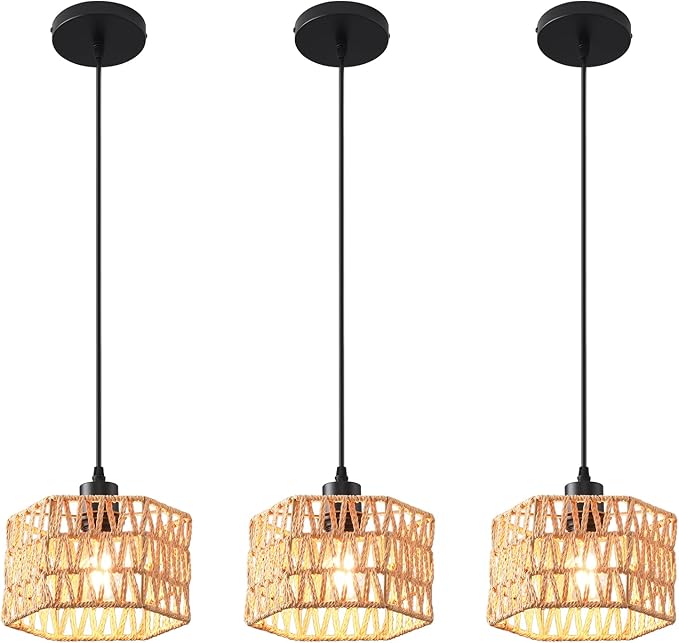 Woven Pendant Light Boho Chandelier, Rattan Pendant Lights Kitchen Island, Farmhouse Pendant Lighting with Hand Woven Wicker Shade, Boho Chandelier Light Fixtures Ceiling Hanging Light