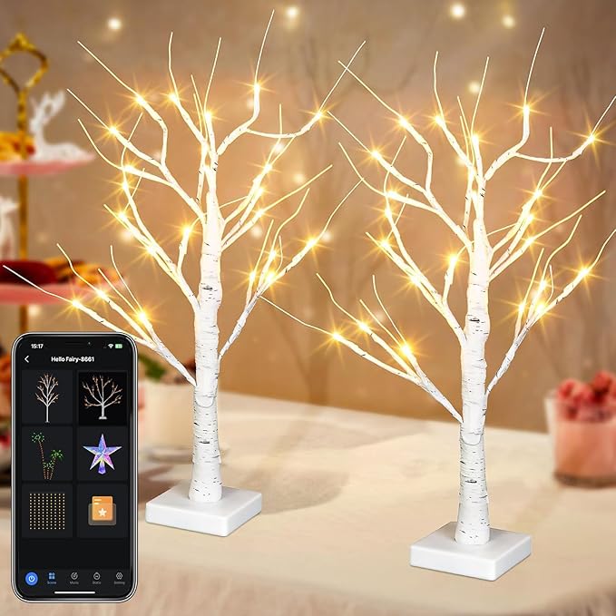 2FT Smart Birch Tree with LED Lights, Bluetooth App Controlled, 18 Modes, Dimmable, Timer, Music Sync, Warm White LED for Indoor Christmas Tabletop Centerpiece, Wedding & Valentine’s Day Decor, 2 Pack