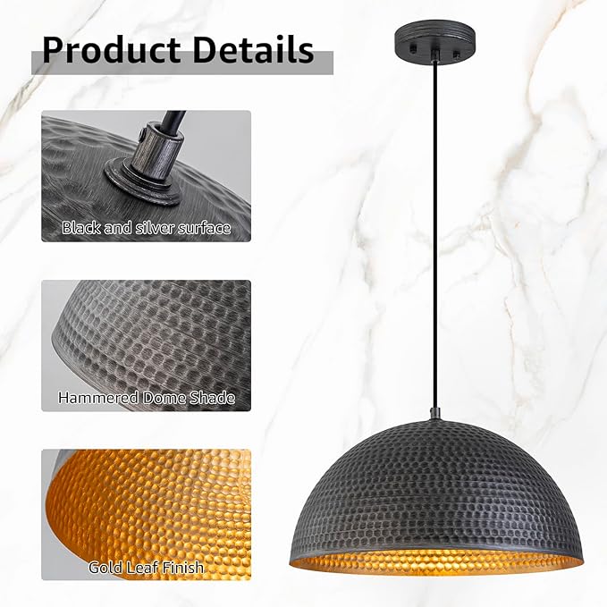 15.7" Farmhouse Pendant Lights Kitchen Island,Black and Silver Hammered Large Industrial Chandelier,Adjustable Metal Dome Pendant Lights for Dining Room,Bedroom,Hallway