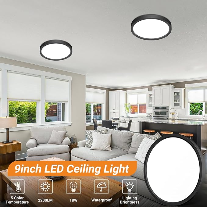 slochi 1Pack LED Flush Mount Ceiling Light Fixture, 9 Inch 18W, 2200LM, Super Slim 0.7 Inch, 3000K-6500K Adjustable Low Profile LED Ceiling Lights for Bathroom, Closet, Hallway(Black)