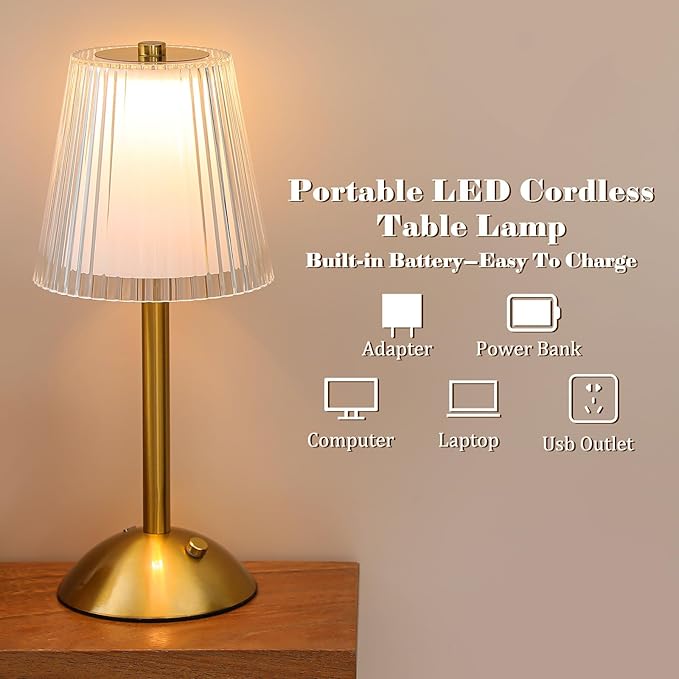 Liliful 1 Pcs Cordless Table Lamp Rechargeable Touch LED Small Gold Portable Battery Operated USB-c Desk Lamp 3 Color Dimmable for Bedroom Living Room Dining (Gold,Hollow Lined Style)