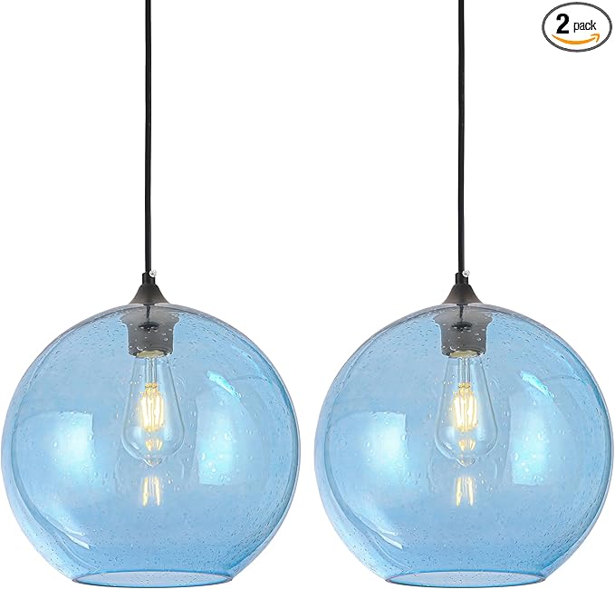 Blue Glass Pendant Lights Kitchen Island Lighting Modern Globe Pendant Light Fixtures Modern Pendant Lights for Kitchen Island Bedroom Living Dining Room Light Fixture-11.8in 2Pack