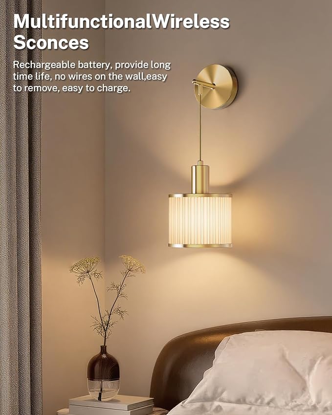 SAIMAND Battery Operated Wall Sconce Set of 2, Wireless Rechargeable Wall Lights with Remote Control, 9 Colors Dimmable LED Lamps, Modern Cordless Sconces for Bedroom Living Room Hallway(Gold)