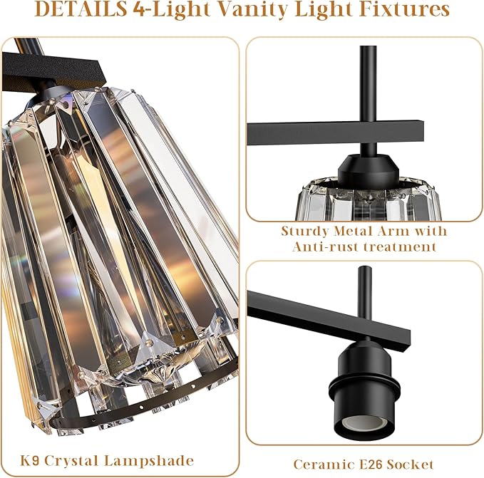 Crystal Bathroom Light Fixtures Over Mirror, Black 4-Light Bathroom Vanity Lights Over Mirror Modern Wall Lighting Sconces with Ceramic E26 Base (Bulbs Not Include)