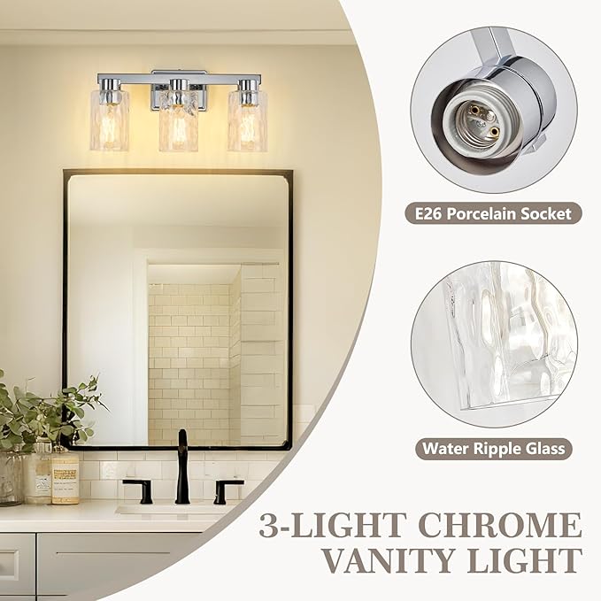 3-Light Bathroom Light Fixtures Modern Chrome Vanity Lights with Water Ripple Glass Wall Sconces Over Mirror for Bathroom, Powder Room, Living Room