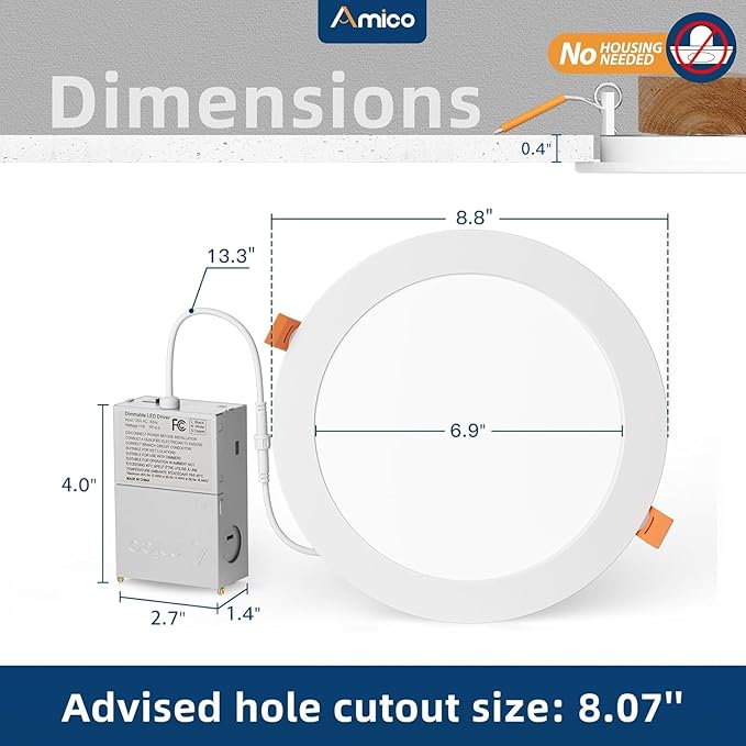 Amico 4 Pack 8 Inch 5CCT Ultra-Thin LED Recessed Ceiling Light with Junction Box, 2700K/3000K/3500K/4000K/5000K Selectable, 18W Eqv 125W 1600LM Brightness Dimmable Canless Wafer Downlight, ETL