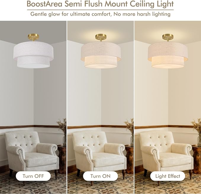 16.5'' Semi Flush Mount Ceiling Light, 3-Light Gold Ceiling Light Fixtures, Farmhouse Close to Ceiling Light with Linen Shade, Modern Drum Ceiling Light for Living Room/Hallway/Bedroom/Dining Room