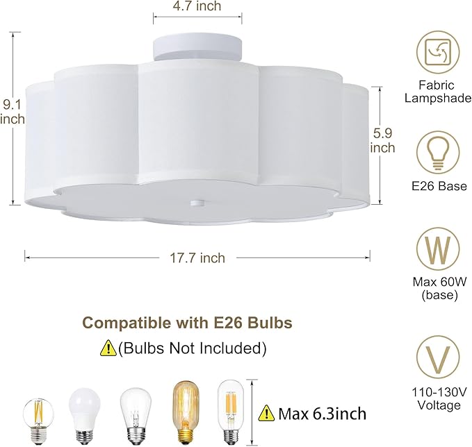 17.7" Semi Flush Mount Ceiling Light Fixture, 3-Light Modern Close to Ceiling Light with Fabric Flower-Shaped Shade, Light Fixtures Ceiling Mount for Bedroom Nursery(White)