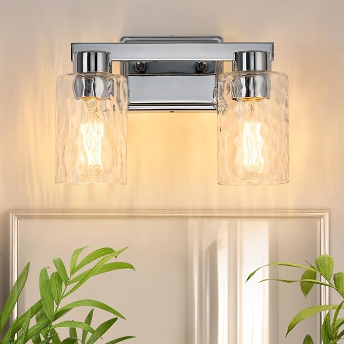 2-Light Bathroom Light Fixtures Modern Chrome Vanity Lights with Water Ripple Glass Wall Sconces Over Mirror for Bathroom, Powder Room, Living Room