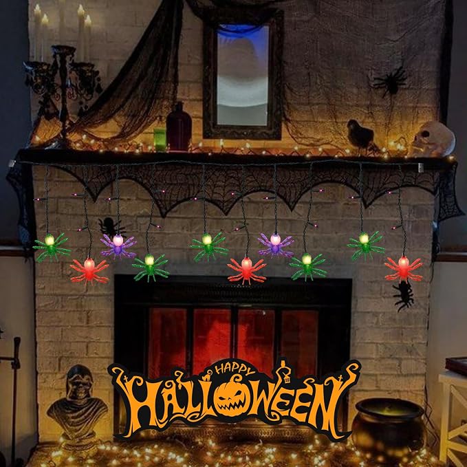 Halloween Spider String Lights, 7Ft Halloween Decorations Lights with 10 LED Colorful Spider Lights 15 Mini Purple Bulbs, Hanging Fairy Lights UL Listed for Outdoor Curtain Porch Bar Party Decor