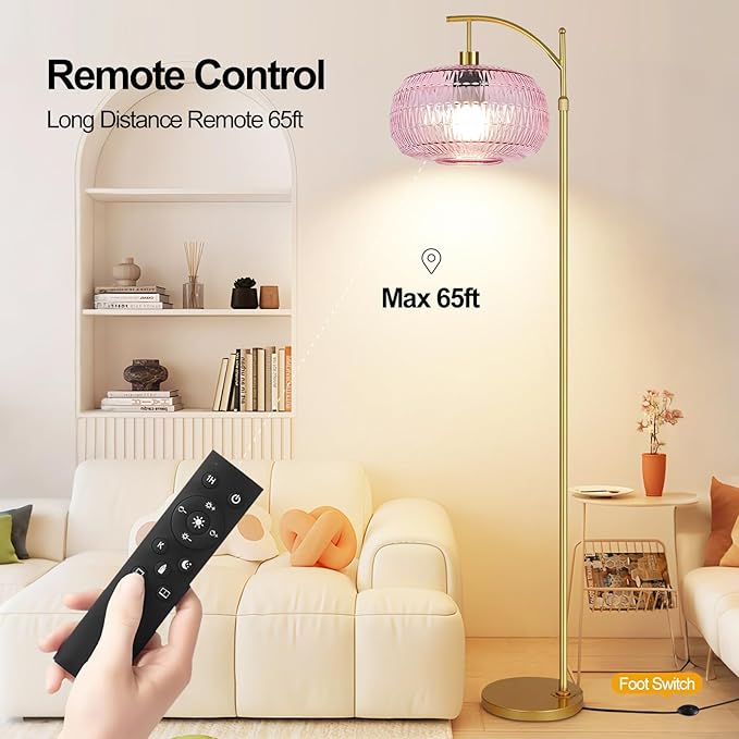 QIYIZM Pink Floor Lamp for Living Room,Bedroom,Gold Dimmable Standing Lamp with Remote,Mid Century Modern Brass Tall Lamp Boho Floor Lamps Arc Stained Glass Flower Floor Light Lamp Girls kids Bohemian