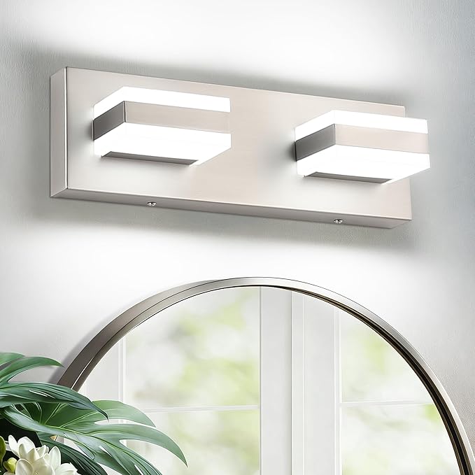 SOLFART 2 Light Brushed Nickel Vanity Lights for Bathroom Over Mirror, Modern LED Lighting Fixture, 14 Inch Cool Light