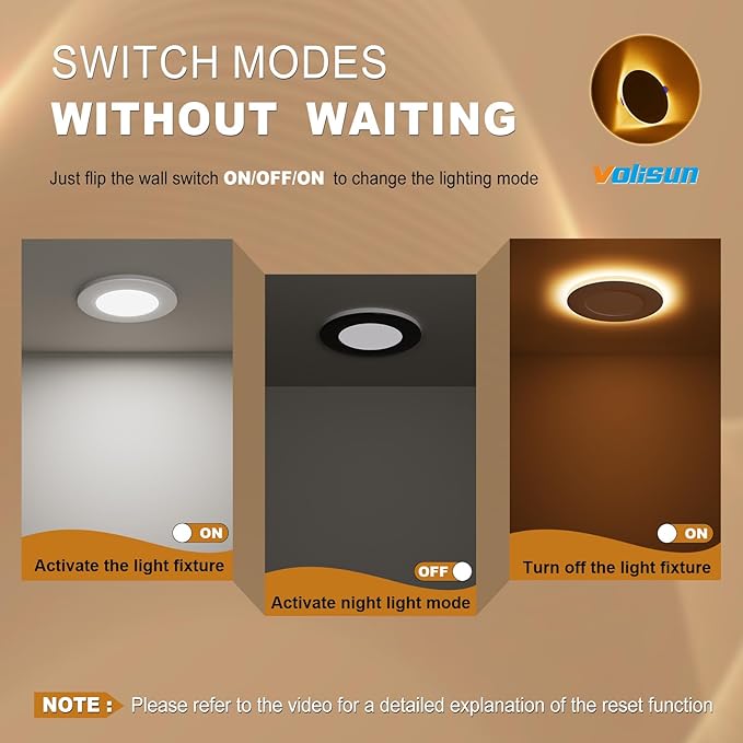 VOLISUN 12 Pack 3 Inch 5CCT Recessed Light with Night Light, Canless LED Recessed Lighting 3 inch, 2700K-5000K Selectable, 500LM Dimmable Recessed Ceiling Wafer Light, ETL Certificated