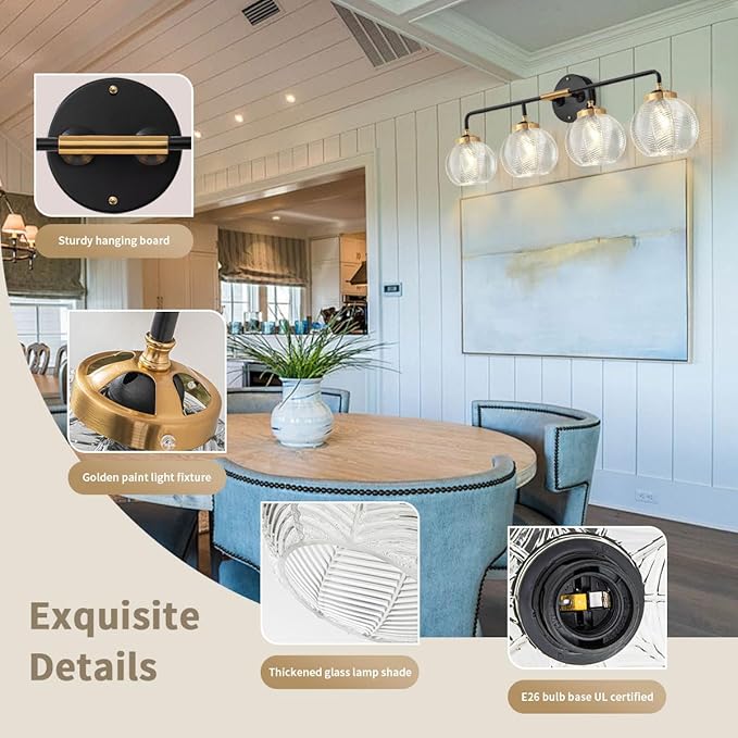 4-Lights Vanity Lights Bathroom Light fixtures Over Mirror Mid Century Modern Wall Sconce with Clear Glass Globe Shade Matte Black Gold Wall lamp for Kitchen Powder Room Over Mirror
