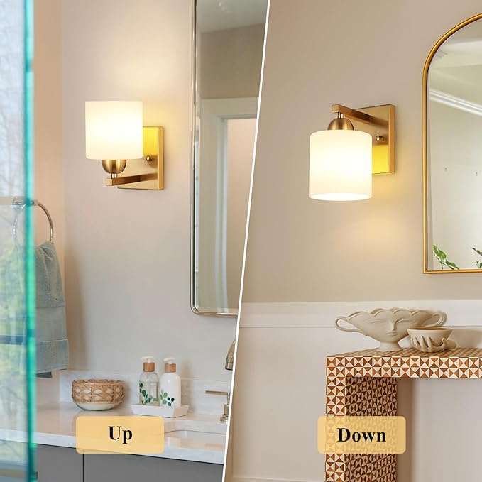 Mecgirn Gold Milk Glass Wall Sconces, 1 Pack Hardwired Indoor Wall Light Fixtures for Living Room, Hallway, Bedroom, Ceramic E26 Sockets (Bulbs Not Included)