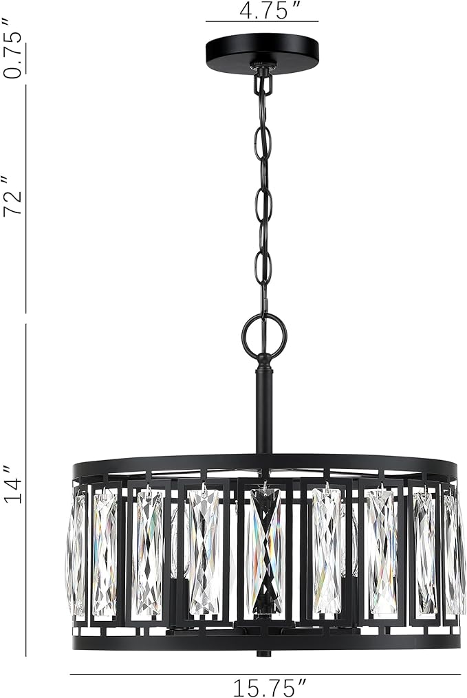 Modern Crystal Chandeliers, 4 Lights Matte Black Pendant Lighting Fixture for Dining Room Adjustable Hanging Ceiling Light for Kitchen Island