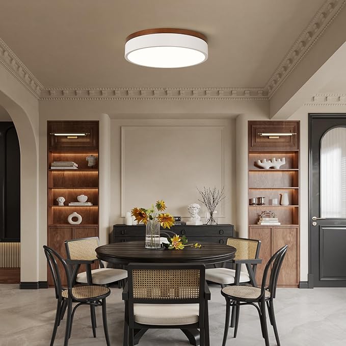 Led Flush Mount Ceiling Light: 11.8" Modern Dimmable White Walnut Wood Low Profile Close to Ceiling Light Fixture - 5CCT Round Minimalist Flat Overhead Lighting for Bedroom Laundry Hallway Living Room