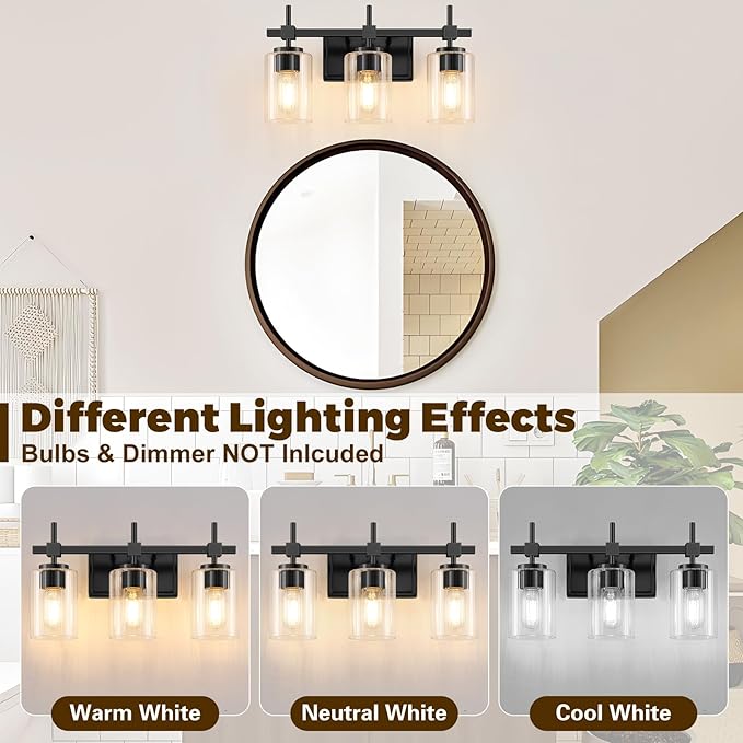 Asnxcju 3-Light Matte Black Vanity Light for Bathroom, Modern Bathroom Lighting Fixtures Over Mirror, Vanity Lights with Clear Glass Shade, Industrial Bath Wall Lamp for Living Room Bedroom Hallway