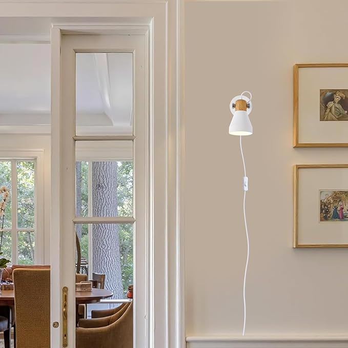 Modern Plug-in Wall Sconces - Matte White Adjustable Reading Light with Natural Wood Accent, Wall Lamp for Bedroom, Living Room, Home Office