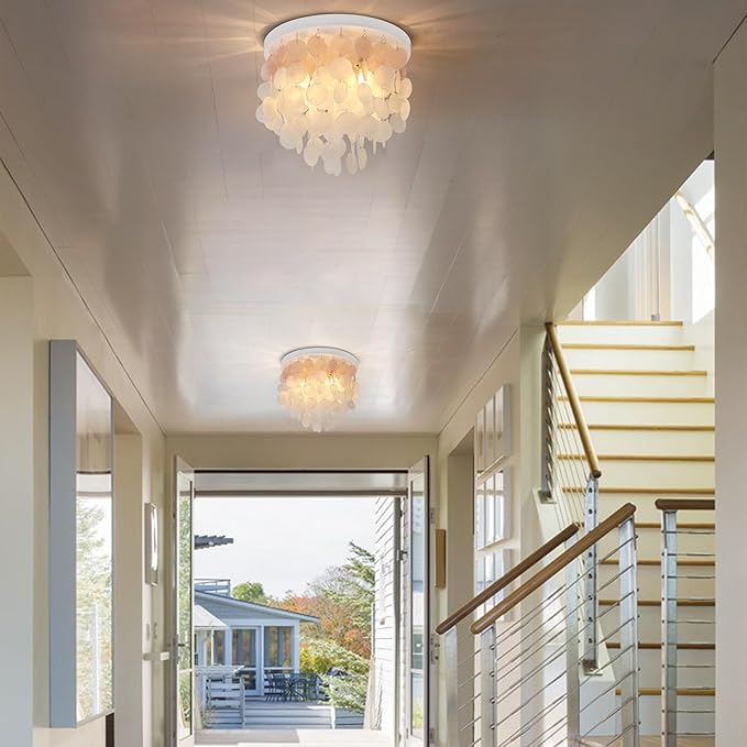 Capiz Shell Close to Ceiling Light 3-Light Coastal Flush Mount Ceiling Light Beachy Seashell Chandelier for Living Room Bedroom Kitchen Island Foyer Entryway White and Pink