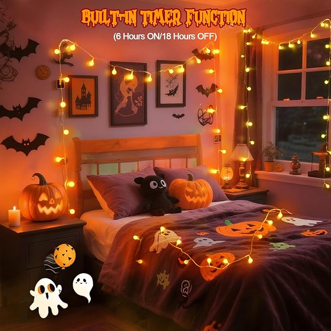 LORRYTE Connectable Orange Halloween Lights Outdoor Indoor - 43FT 100LED Globe String Lights Plug in with Timer, 13 Modes Fairy Light Waterproof for Party Halloween Decorations Bedroom Decor