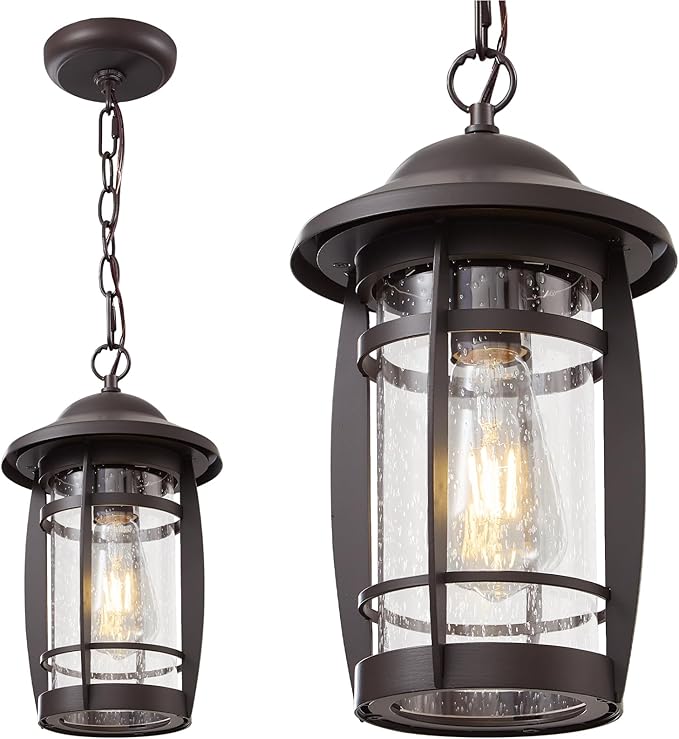LOUSACE 1-Light Outdoor Pendant Light for Porch - Oil Rubbed Bronze Outdoor Chandelier Lantern Waterproof Aluminum Exterior Hanging Porch Light with Seeded Glass for Entrance, Gazebo, Patio, ETL List