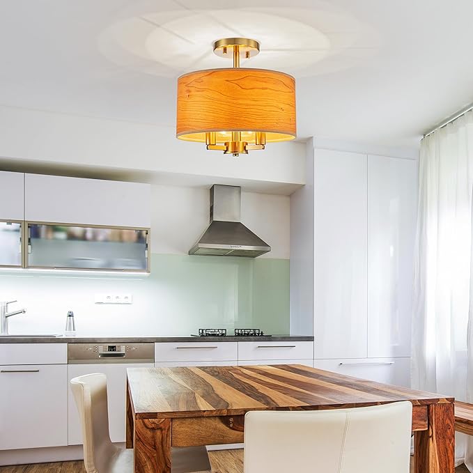 3-Light Solid Wood Drum Ceiling Light, Coastal Style Pendant Light Fixture for Dining Room, Living Room, D11.8 * H11.1 inch, Solid Wood Lampshade & Gold Finish