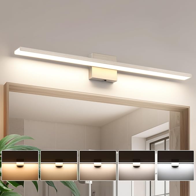 JUSHENG Brushed Nickel Vanity Lights for Bathroom Light Fixtures 5CCT Dimmable Vanity Light Bar LED Bathroom Lighting Over Mirror 31.5'' Inch 32W ETL Certificated