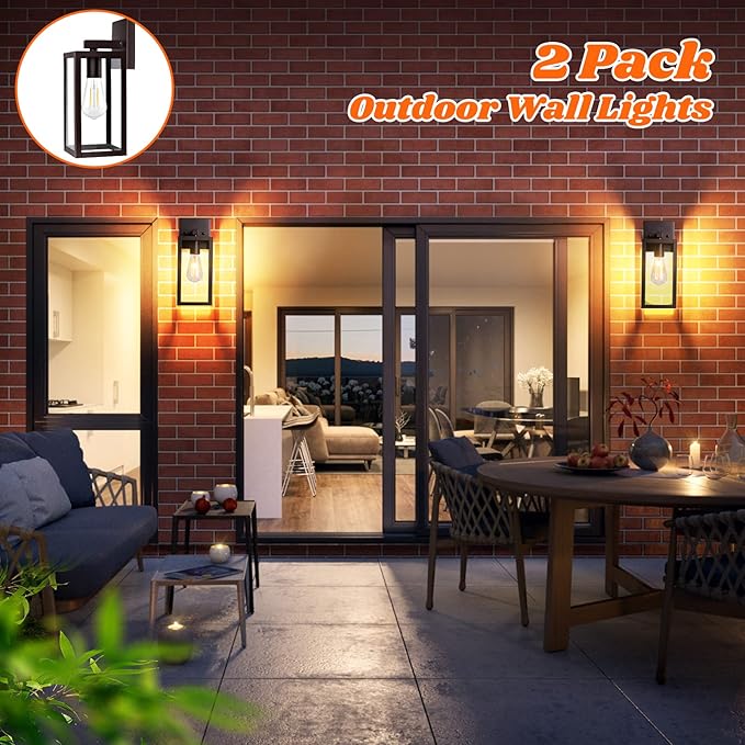 Brightever 2-Pack Outdoor Wall Light Fixtures, Brown Waterproof Anti-Rust Exterior Wall Sconce Lantern with Clear Glass, Modern Outside Front Porch Lights for House Garage Doorway, Bulbs Not Included
