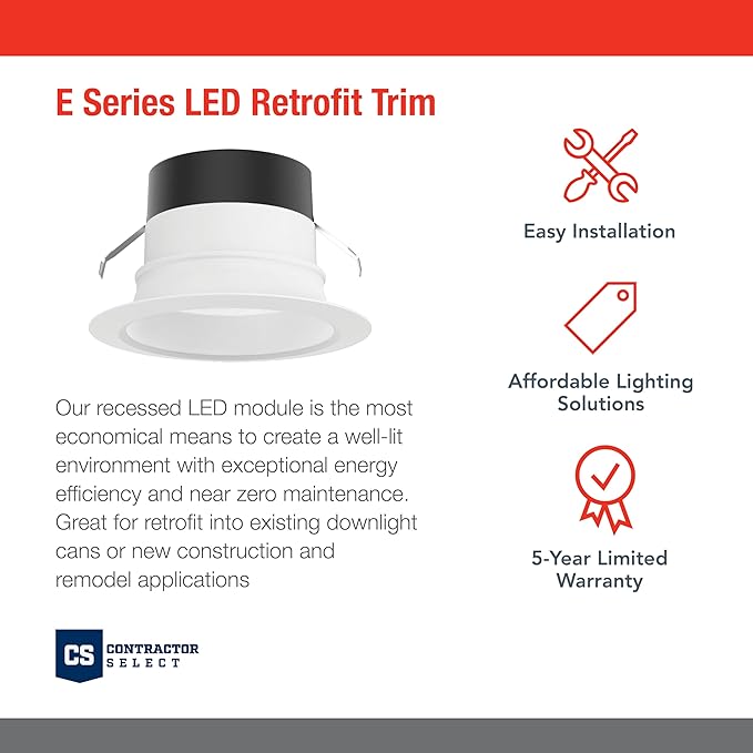 Juno E Series 4" LED Ceiling Light, Smooth Trim Recessed Lighting with 5-in-1 Switchable White Color, 700 Lumens, Wet Rated LED Downlight, Dimmable, White