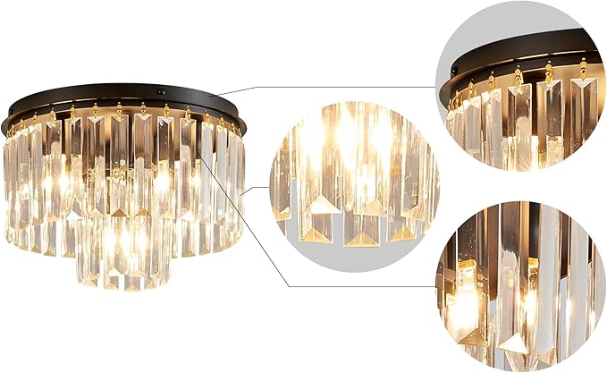 AGV LIGHTING Crystal Ceiling Light Fixture, Modern Semi Flush Ceiling Light, D12 x H8, E12 Base 3-Lights, Black Finish