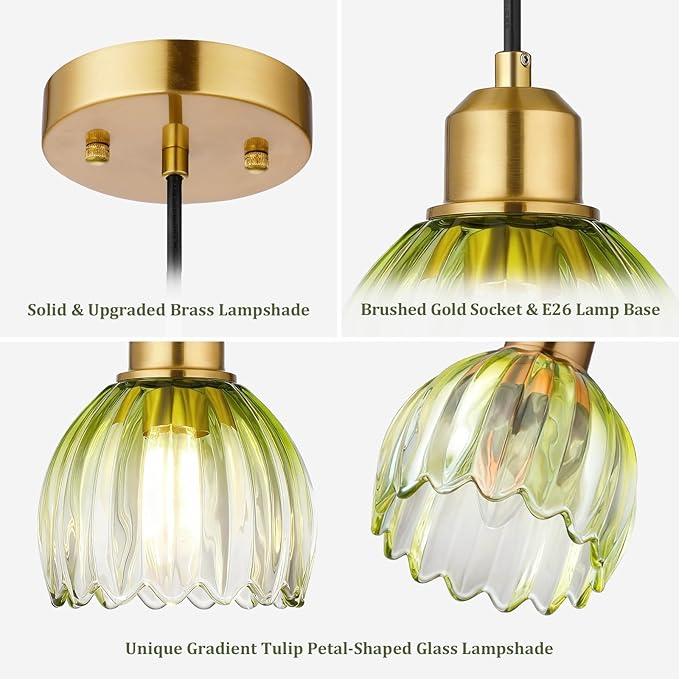 TALOYA Pendant Light with Green Tulip Glass Lampshade, Brass Vintage Pendant Light Adjustable Hanging Light for Kitchen Island Bedroom Dining Room Hallway& Bar