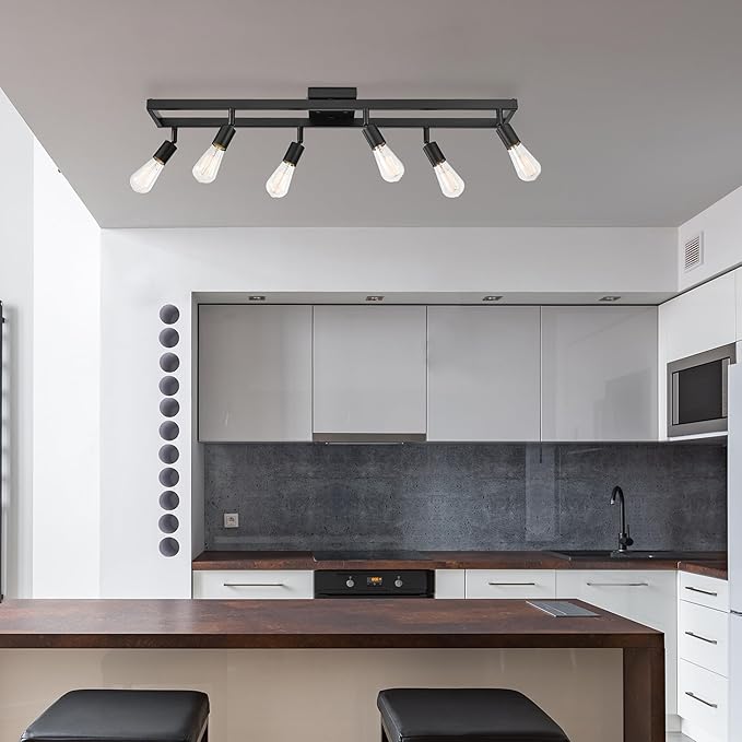 Globe Electric 59811 6-Light Adjustable Track Lighting, Matte Black Industrial Farmhouse Rectangular Frame, Pivoting Heads, E26 Base, Dimmable Ceiling Track Fixture