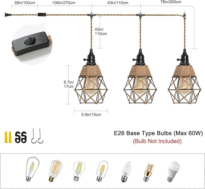 3 Light Hemp Rope Plug in Pendant Light Rattan Hanging Lights with Plug in Cord with Woven Lamp Shade, Hanging Lights with Plug in Cord Hemp Rope Hanging Lamp