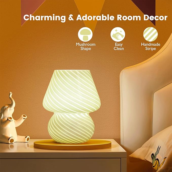ULAROOM USB Plug-in Mushroom Lamp Small Bedside Table Lamp with 3 Temperature LED Bulb,Free Dimming Nights Light for Bedroom/Living Room/Entryway/Corner Decor (Stripe Green)