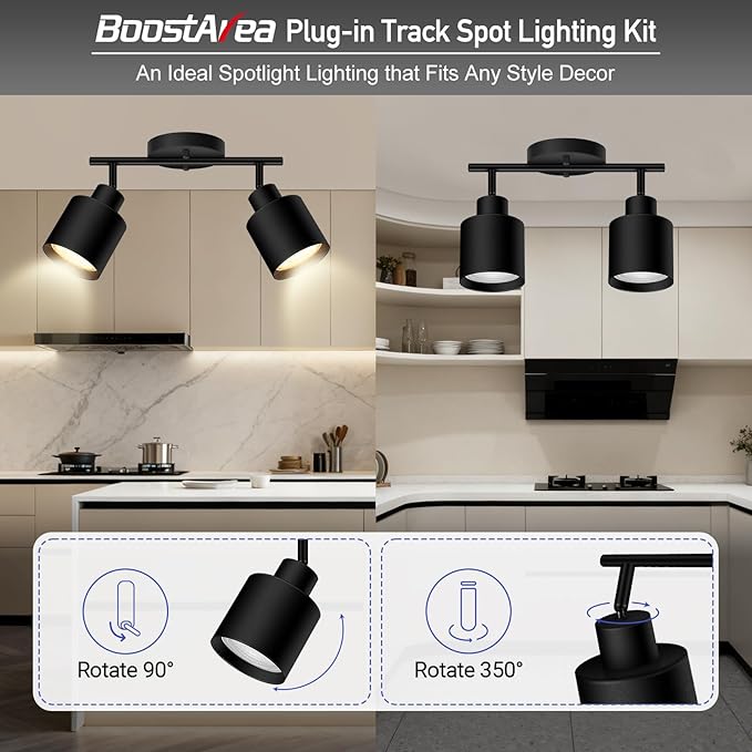 BoostArea 2-Light Led Track Lighting,Black Ceiling Lighting Fixtures,Wall Sconces Ceiling Spotlight with Foldable Light Arms for Kitchen, Closet, Bedroom,GU10 Socket, Bulbs Not Included