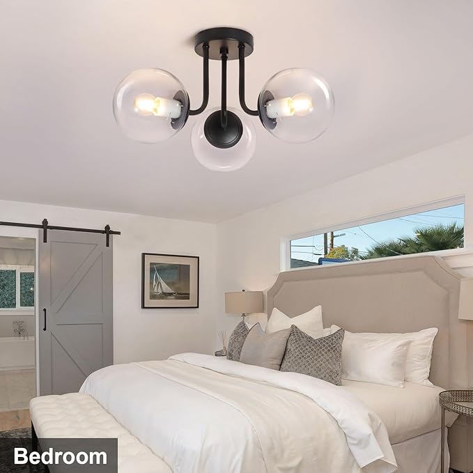 Bektas 3-Lights Semi Flush Mount Ceiling Light Fixture Matte Black Light Fixture Bend Modeling with Transparent Glass Shade for Bedroom,Living Room,Dinning Room Foyer Hallway