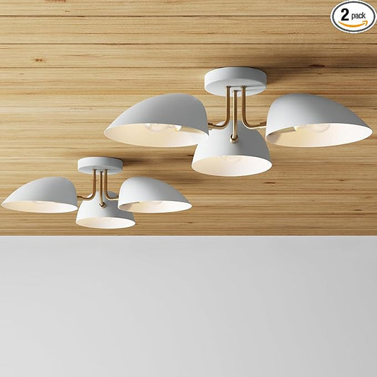 Nathan James Argo Semi Mount Flush Ceiling Light, 3-Lights Modern Retro Lighting with White Rounded Shades for Hallway, Dining Room and Bedroom, Vintaged Brass/White