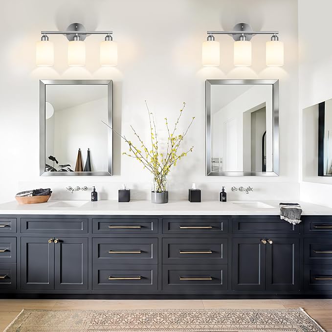 3-Light Bathroom Vanity Light Fixtures, Modern Wall Lamp for Mirror with Clear Opal Glass Shade, Silver Finish