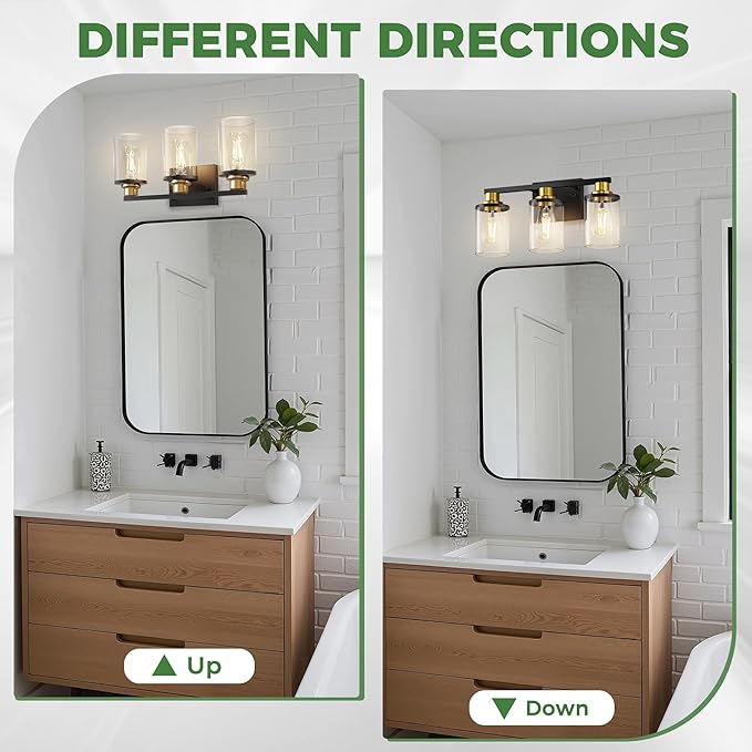 DORESshop 17 Inch Bathroom Light Fixtures, 3-Light Black and Gold Bathroom Lighting Fixtures Over Mirror with Glass Shade, Modern Vanity Lights for Hallway Bedroom, Includes Bulbs