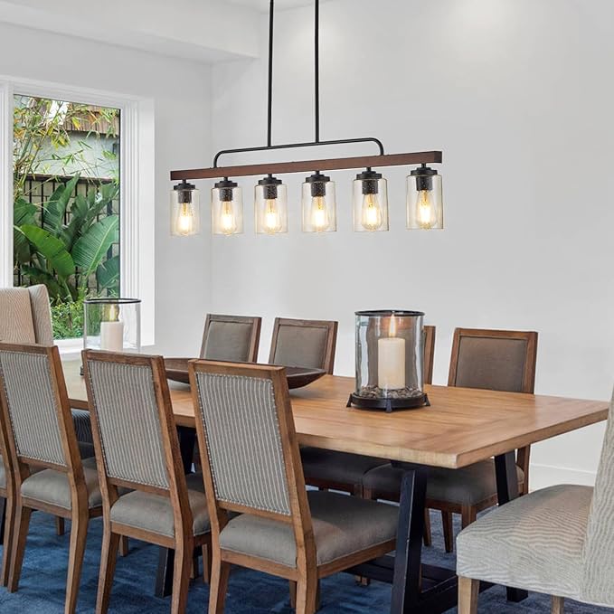 Farmhouse Chandelier 6-Light Dining Room Light Fixture Over Table Kitchen Island Lighting Rustic Chandeliers for Dining Light with Seeded Glass Shade Wood Pendant Lights Kitchen Island