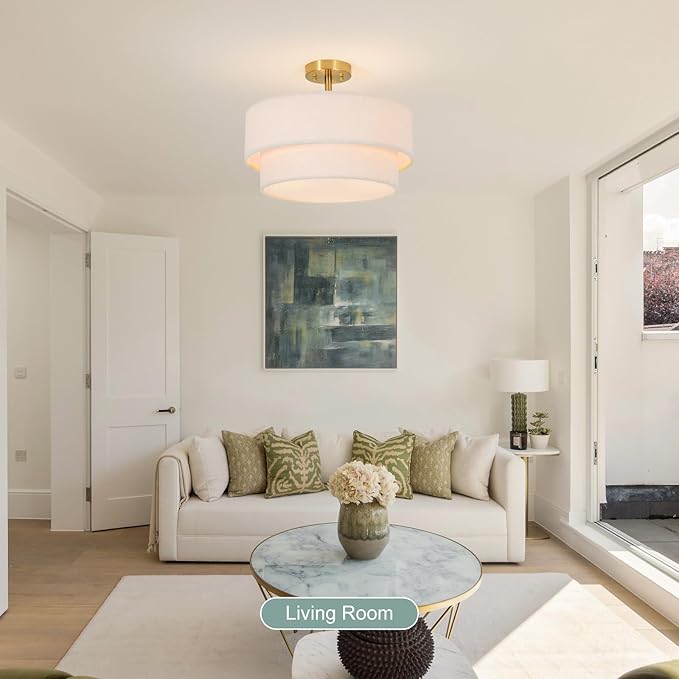 16.5'' Semi Flush Mount Ceiling Light, 3-Light Gold Ceiling Light Fixture with 2-Layer White Plush Shade, Farmhouse Drum Close to Ceiling Light for Living Room, Hallway, Bedroom, Kitchen, Dining Room